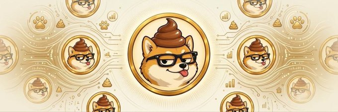 A promotional banner for the $DOGSHIT meme coin featuring a Shiba Inu dog wearing glasses with a poop emoji on its head, surrounded by repeating circular icons of the same character connected by golden circuit-like lines, reinforcing the playful and irreverent branding highlighted in the post.