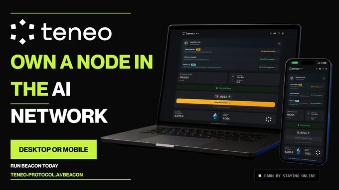 The image shows a promotional graphic for Teneo featuring a laptop and smartphone displaying the Beacon dashboard, with text reading "OWN A NODE IN THE AI NETWORK" and "RUN BEACON TODAY - TENEO-PROTOCOL.AI/BEACON." This ties to the post by emphasizing the cross-platform availability (desktop or mobile) of the Beacon that keeps running and collecting Fragments between seasons, regardless of seasonal resets.