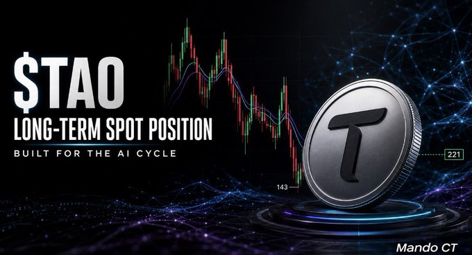 A promotional image for a $TAO long-term spot position titled "Built for the AI Cycle," featuring a candlestick chart showing a price recovery from $143 toward $221, alongside a metallic $TAO coin, aligning with the post's bullish outlook on a potential breakout above $232 resistance.