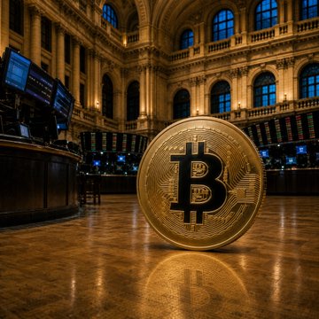 A golden Bitcoin (B) token stands prominently in the foreground of what appears to be a grand trading floor or financial hall, with monitors displaying data visible in the background. The image visually reinforces the article's claim about Bitcoin ETFs potentially surpassing gold ETFs, symbolizing BTC's rising stature in institutional finance.