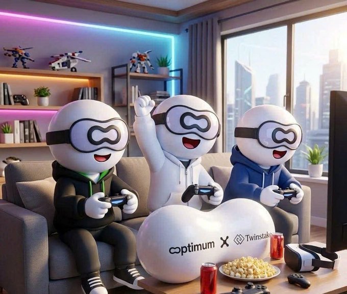Three cartoon-style white characters wearing VR goggles play video games on a couch in a neon-lit room, with 'optimum' and 'Twinstake' branding visible on a white beanbag.