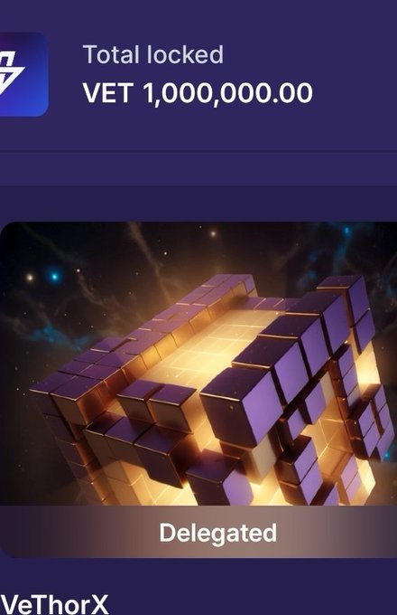 The image shows a VeThorX (VeChain) staking app screen displaying "Total locked VET 1,000,000.00" with a "Delegated" status, confirming the user's achievement of staking 1 million VET tokens. The accompanying caption "Finally 1 milli $VET. I can rest now." celebrates this milestone, with the screenshot serving as proof of reaching this significant staking amount.