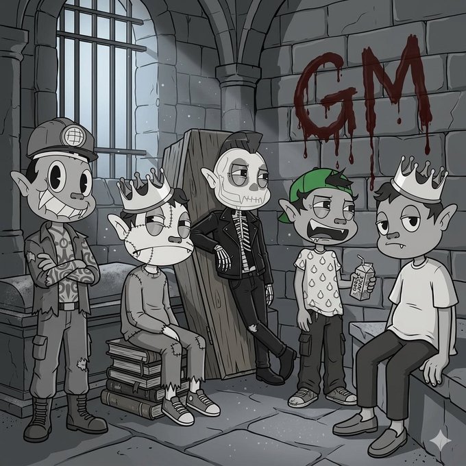 The image features a group of cartoon characters, including five boys wearing crowns, sitting around a table with books scattered about them. They appear to be engaged in conversation or playing games together. The caption "GM fam and enjoy your weekend!" suggests that they are enjoying their time together as a family or friends.