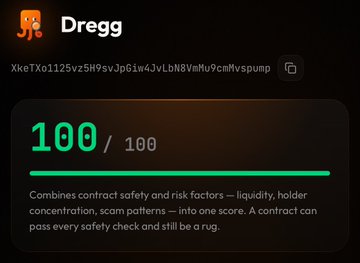The image shows a token safety rating card for Dregg (contract XkeTXo1125vz5H9svJpGIw4JvLbN8VnNu9cmMvspump), displaying a perfect score of 100/100 in green, indicating the contract passed all safety checks including liquidity, holder concentration, and scam pattern analysis. This visual reinforces the post's claim of a "perfect contract" alongside the highlighted details about the developer's notable background with Rust language and Mina Protocol.