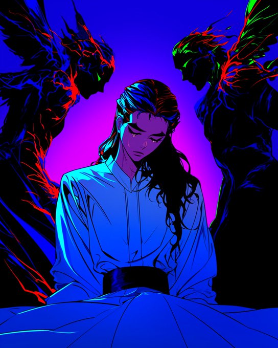 A contemplative figure in flowing blue robes sits with head bowed in meditation, flanked by two menacing shadowy silhouettes radiating red and green energy, visually representing the inner battle between bullish and bearish forces that defines the crypto market. The image's introspective mood pairs with the "gm" greeting to rally those bullish traders who remain steadfast despite the looming bearish threats.
