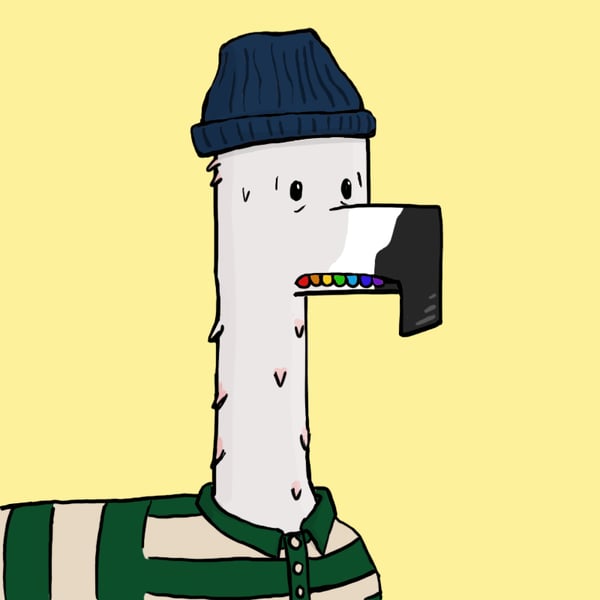 A cartoon-style illustration of a character with a white, textured, pillar-like head wearing a dark blue beanie and a green and white striped shirt against a pale yellow background.