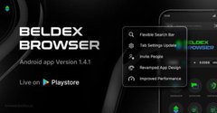 Promotional graphic for the 'BELDEX BROWSER' Android app version 1.4.1, available on Google Play Store, highlighting features like Familiar Search Bar, Profile Plugin, and Withdrawal App Design.