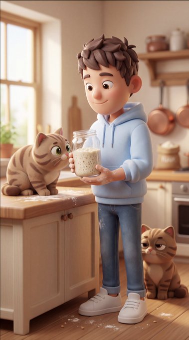 A 3D animated illustration of a boy in a blue hoodie holding a jar of dough in a kitchen, accompanied by two tabby cats looking on.