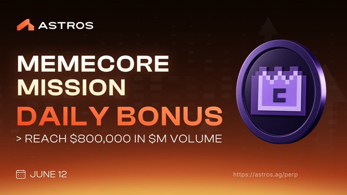 The image features a poster for an Astros MemeCore Mission Daily Bonus contest that has been extended with a new feature of 15 more winners being added if the goal is met. The poster has a dark background, with a purple circle containing a purple crown serving as the main focus in the center and surrounded by a light orange background on either side.