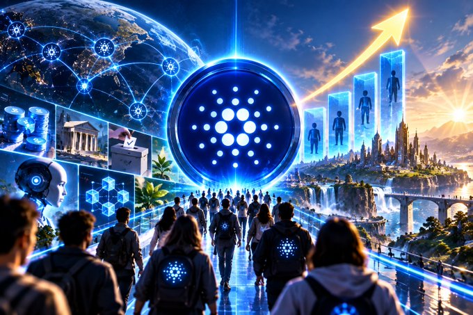 A diverse crowd of people wearing glowing backpacks with the Cardano logo walk toward a futuristic, interconnected landscape featuring a large Cardano emblem, floating data nodes, a rising arrow chart, and blockchain-themed architecture. The image visually represents the surge in Cardano's network activity, symbolizing the 63% increase in monthly active addresses (approximately 306,600) and growing adoption highlighted in the post.