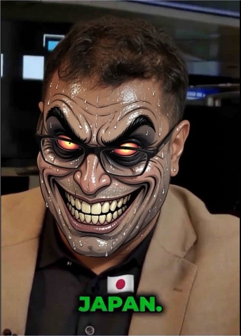 A heavily edited image showing a man wearing a menacing Joker-like mask with red glowing eyes and a wide sinister grin, with the text 'JAPAN.' and a Japanese flag emoji at the bottom.