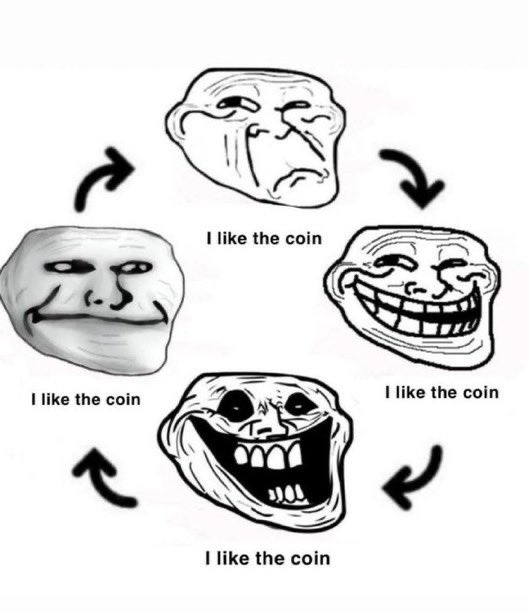 A 'I like the coin' meme cycle featuring four different faces (including troll and rage faces) connected by arrows, all with the same caption 'I like the coin'.