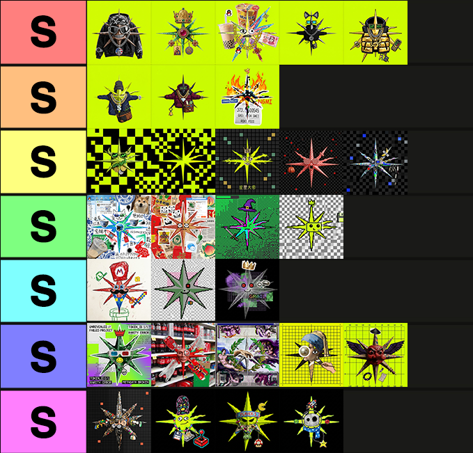 A tier list with "S" rankings down the left side, displaying various star-shaped and anime-style icons and graphics, many with spiky burst designs.