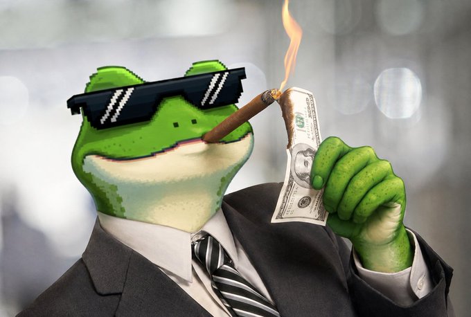 A digital artwork depicting the Pepe the Frog meme character wearing a suit, tie, and pixelated sunglasses, holding a burning cigar and a dollar bill.