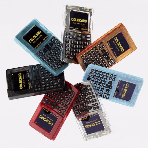 The image features a collection of six different colored cell phones, all sitting next to each other. The phones are arranged in a circle, with their screens facing upwards. The colors of the phones vary from red to blue, green, black, silver, and gold. The text "Colcard" is visible on some of the phones, indicating that they might be collectible items or have a special significance related to Bitcoin self-custody.