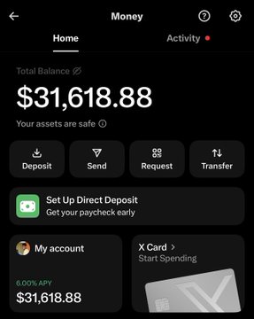 A screenshot of the X Money app showing a total balance of $31,618.88 with options for deposit, send, request, and transfer, plus a debit card preview, illustrating the user's claim that X is expanding into an "everything app" with payments functionality.
