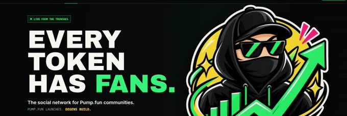 An advertisement for Pump.fun reading 'EVERY TOKEN HAS FANS. The social network for Pump.fun communities,' noting 'PUMP.FUN LAUNCHES: OCEN$ BUILD,' featuring an illustrated masked figure with a rising green chart arrow.