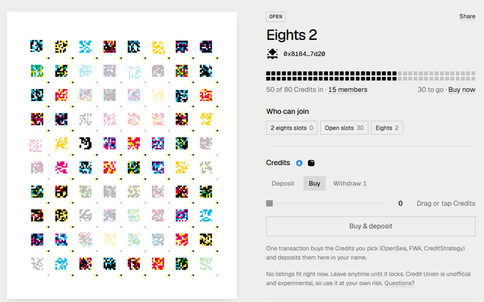 Screenshot of a "Credit Union" website listing "Eights 2" NFTs for sale by user @0x8164_7d20, showing 50 of 80 Credits filled.