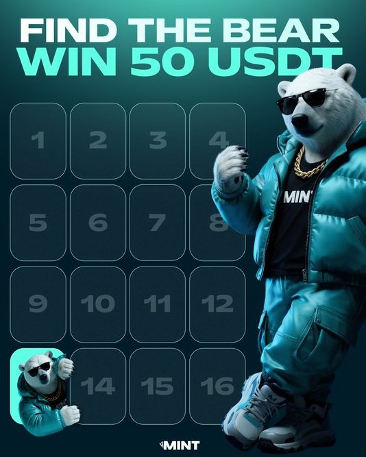 A promotional graphic reads 'FIND THE BEAR WIN 50 USDT' featuring an animated white bear character in a teal puffer jacket and sunglasses next to a numbered grid.