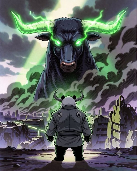 A panda-headed figure wearing a coat with Japanese characters (先生, meaning "teacher/sensei") stands before a destroyed cityscape, facing a massive, demonic bull with glowing green eyes and horns. The image embodies the post's bullish crypto sentiment toward $ANSEM, depicting the user as a lone believer standing ground against a formidable, supernatural bull — symbolizing conviction in a volatile, apocalyptic market.