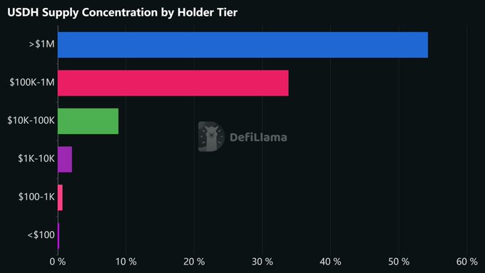 The image presents a bar chart titled "USDH Supply Concentration by Holder Tier", showing the distribution of US DH coins held by different wallet holders across various tiers (tier 1, tier 2, etc.). The top 10 wallets hold about 57% of the total supply, with @AlliumLabs and HyperEVM in the top 10. The bottom half displays a smaller portion of the chart, depicting how much money is concentrated at the bottom ten tiers.