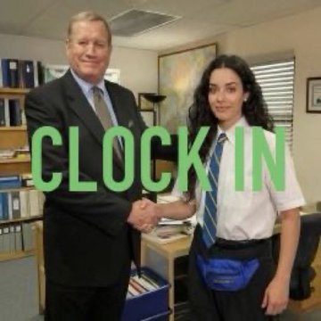 The image shows a man in a suit shaking hands with a young man wearing a white shirt, tie, and a blue fanny pack in an office setting, with the large green text "CLOCK IN" overlaid across the scene. This visually represents the post's message about StonkBrokers being "clocked in" and ready to welcome new interns, playfully humorizing a formal handshake moment to introduce internship opportunities.