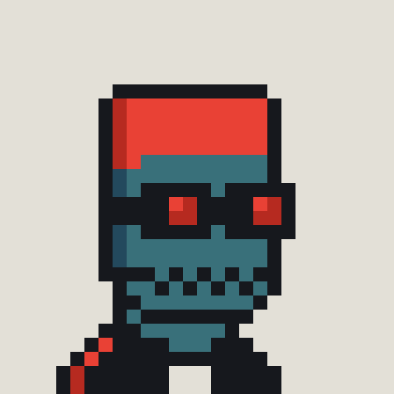 A pixel art character with a large skull-like face, red hood, and cyan body stands in a stylized retro design, visually representing the bold, digital aesthetic associated with NFT collectibles.