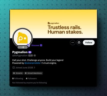 The image shows the X (Twitter) profile of **Pygmalion (@RotamaNomota)**, a crypto/NFT project with a yellow and black banner reading "Trustless rails. Human stakes." Their bio states "Call your shot. Challenge anyone. Build your legend. Powered by @rotamanomota's trust engine," and they joined in June 2025. The profile appears to be spotlighted as one of the "Early Alphas" featured in the post.
