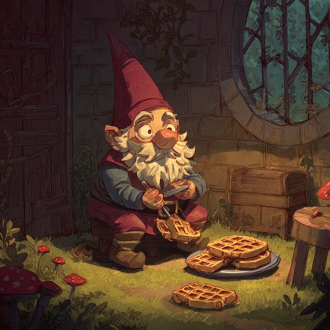 A fantasy illustration of a gnome with a tall red pointed hat and white beard sitting on a stool, carving waffles with a knife, surrounded by mushrooms, a treasure chest, and an arched window.