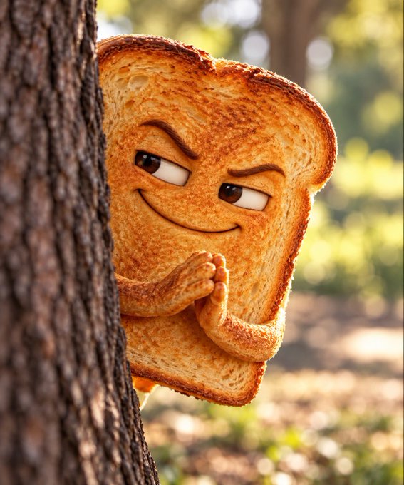 A digital illustration of an anthropomorphic slice of toasted bread with a mischievous expression, peeking out from behind a tree trunk in a sunlit outdoor setting.