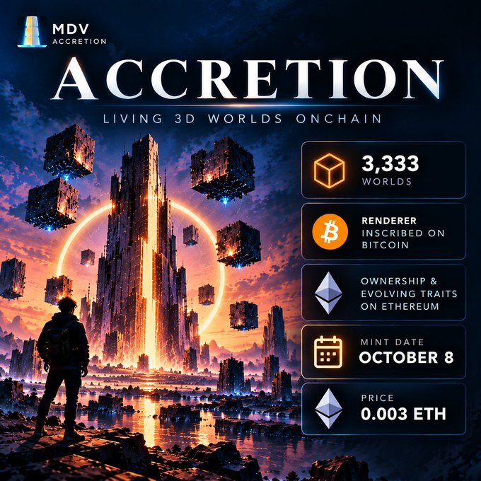 Promotional graphic for MDV Accretion ('Living 3D Worlds Onchain') featuring 3,333 worlds inscribed on Bitcoin with ownership on Ethereum, minting October 8 at a price of 0.003 ETH.