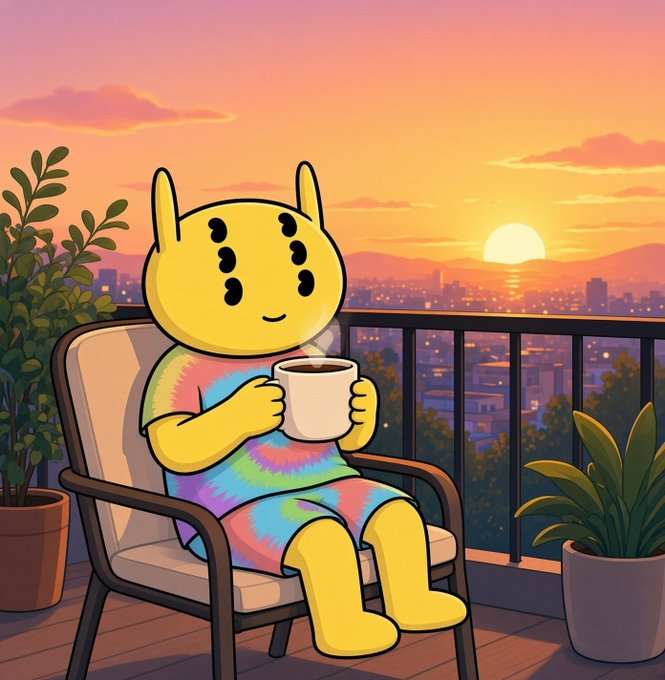 An illustration of a yellow bunny-like character with black dot eyes wearing a colorful tie-dye shirt, sitting in a chair on a balcony holding a mug while watching a sunset over a cityscape.