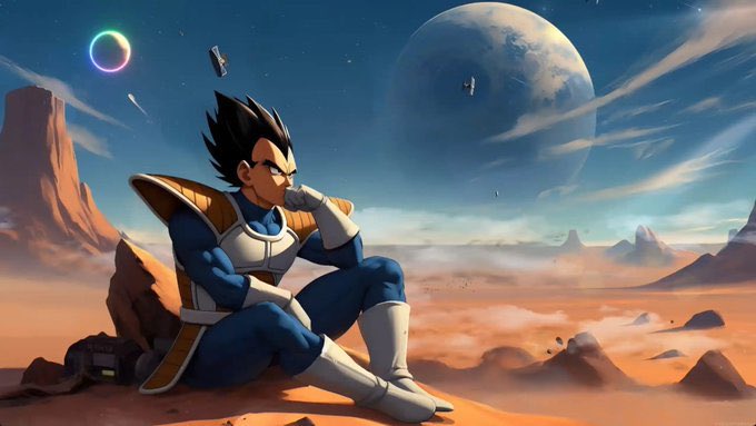 An anime-style illustration shows Vegeta from Dragon Ball sitting contemplatively on a rock in a desert landscape with planets visible in the sky.