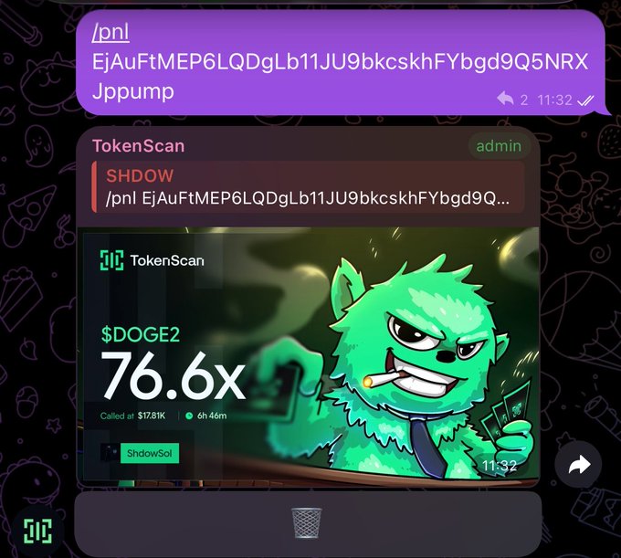 A screenshot of a Telegram message showing a TokenScan alert for $SHDOW token, displaying a 76.6x gain on $DOGE2, called at $7.81K with 6h 46m elapsed.