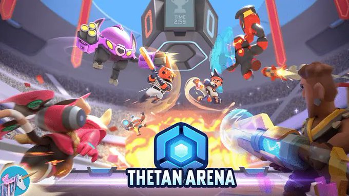 The image features a poster of a video game called "Thetan Arena" featuring various characters engaged in an action-packed battle, with some of them holding guns. The poster also includes text that reads "Time for some Web3 gaming nostalgia Quote with the first Web3 game you ever played Mine: Thetan Arena". This quote is attributed to @thetan_world and it seems to be a reference to the game "Thetan Arena" by @thetan_world, which was released in 2013.