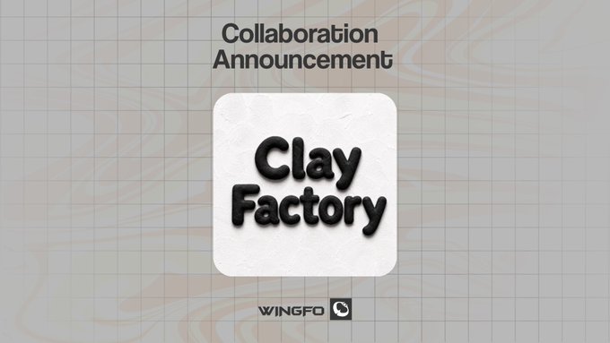 A collaboration announcement graphic featuring the "Clay Factory" logo alongside the Wingfo brand, promoting a 3,203 supply 1/1 NFT collection launching in September with a mint price of 0.0018 ETH.