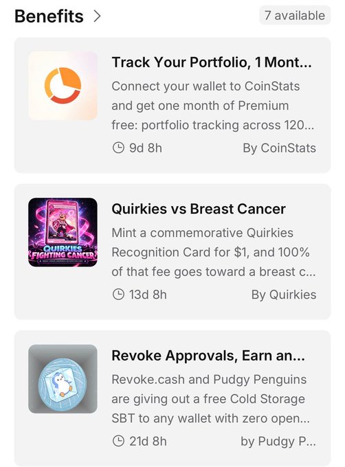 A mobile app screen showing a "Benefits" page with 7 available offers, including "Track Your Portfolio" by CoinStats, "Quirkies vs Breast Cancer," and "Revoke Approvals, Earn an..." by Pudgy Penguins.