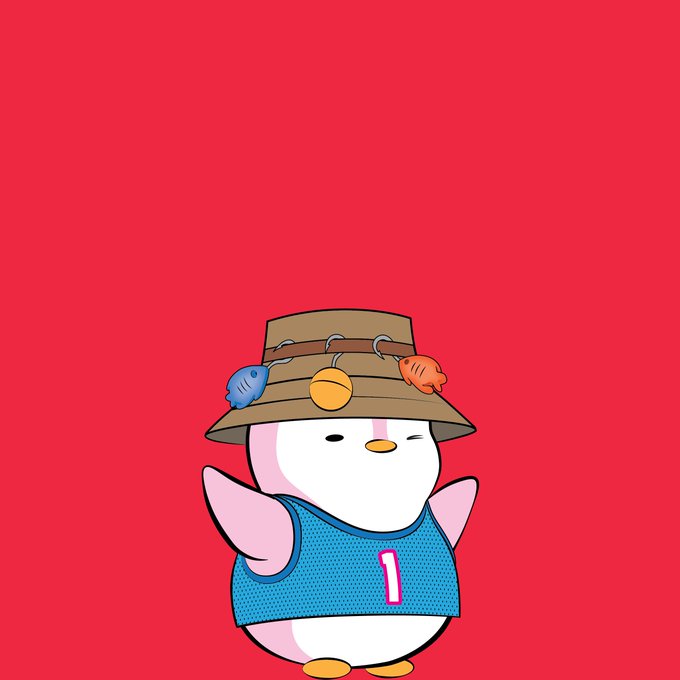 A cartoon illustration of a white bird-like character wearing a blue basketball jersey with the number "1" and a beige fishing hat decorated with colorful lures, set against a bright red background.