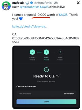 A screenshot of a post by **@nfmutexfetti** says, “I earned around $10,000 worth of **$AXIS**. Thank you 💙,” alongside a Kaito claim card showing **Ready to Claim!** and a creator allocation of **25,810,949**. It illustrates the Kaito Yapper versus OG Discord role airdrop allocation comparison.