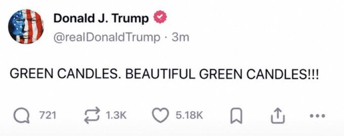 A tweet from Donald J. Trump (@realDonaldTrump) reads "GREEN CANDLES. BEAUTIFUL GREEN CANDLES!!!" with 721 comments, 1.3K retweets, and 5.18K likes, referencing bullish market movement tied to a reported Ripple meeting aimed at unlocking a $38.5 trillion market via a real token on the XRPL, using the #XRP hashtag.