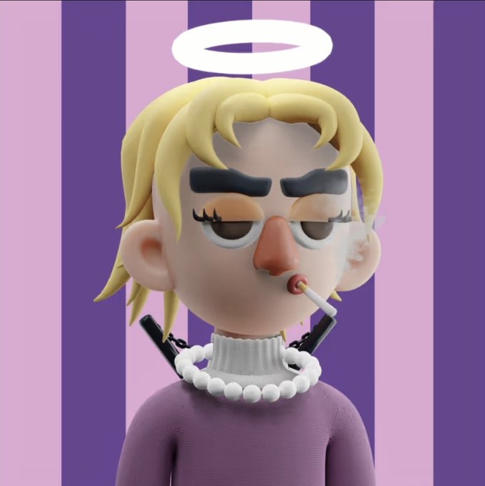 A 3D-rendered cartoon character with blonde hair, a halo, and a pearl necklace smokes a cigarette against a purple striped background.