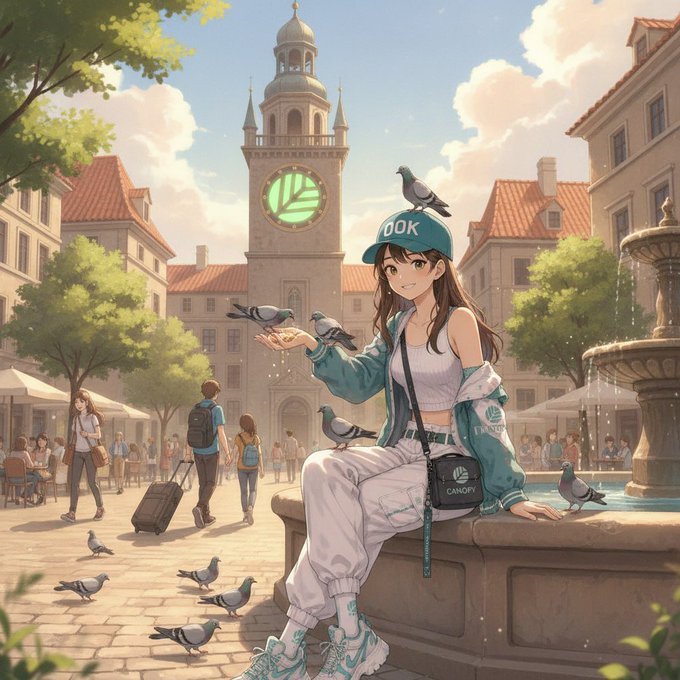An anime-style illustration of a girl wearing a teal "OOK" cap sitting on a fountain ledge, surrounded by pigeons in a European-style town square.