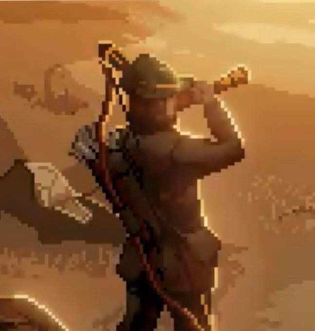 A pixelated, sepia-toned image depicts a hooded figure carrying a bow and quiver, playing a flute against a sunset backdrop. The post notes that the figure is wearing a Robin Hood-style hat, hinting at a connection to a speculative launch of a "Genesis" game on the Robinhood chain by @playcambria.