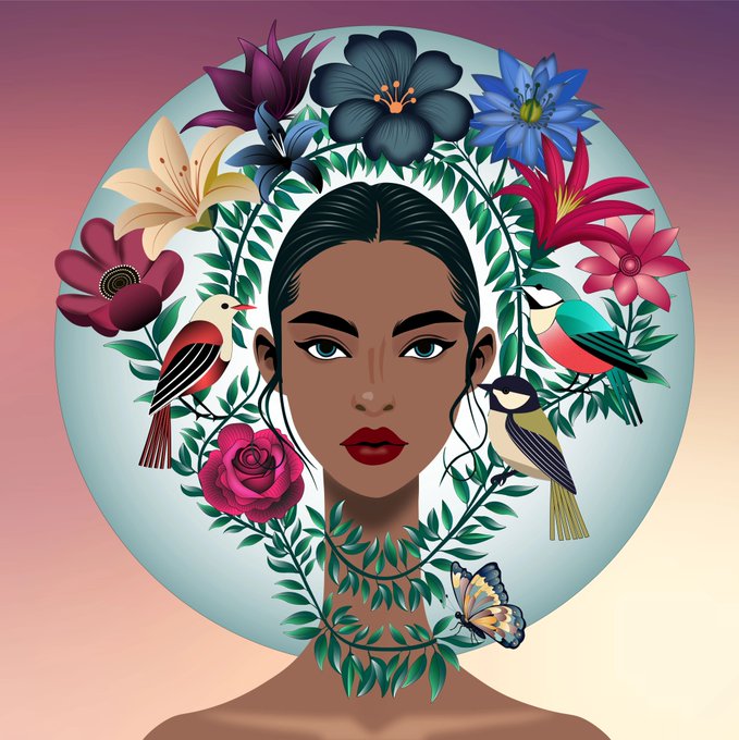 A stylized illustration of a woman's face surrounded by a circular wreath of colorful flowers, leaves, birds, and a butterfly against a pastel gradient background.