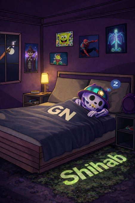 A cartoonish 'Good Night' illustration showing a skeleton character wearing a miner's helmet sleeping in a bed with 'GN' on the blanket, surrounded by pop-culture posters like SpongeBob and Spider-Man in a purple bedroom, with the name 'Shihab' at the bottom.