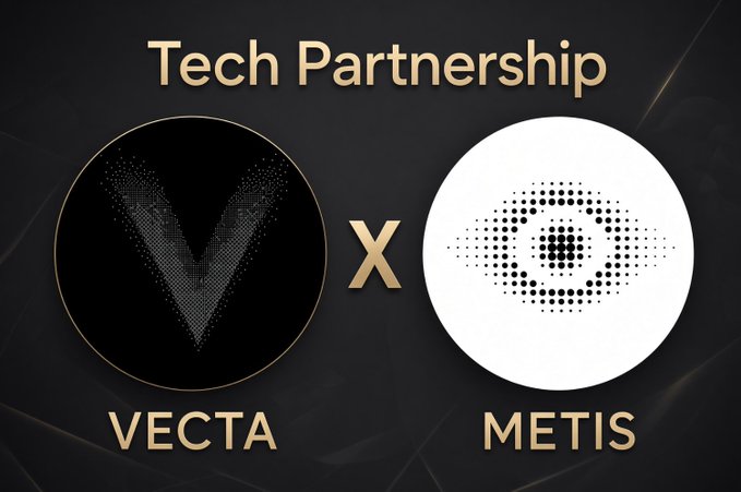 A graphic titled "Tech Partnership" features the logos of $VECTA and METIS side by side with a gold "x" between them, announcing a collaboration between the two projects as highlighted in the accompanying post.