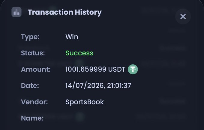 The image shows a transaction history receipt confirming a successful "Win" of 1001.659999 USDT from SportsBook on 14/07/2026 at 21:01:37, serving as proof of the user's claim of winning 1000 $USDT.