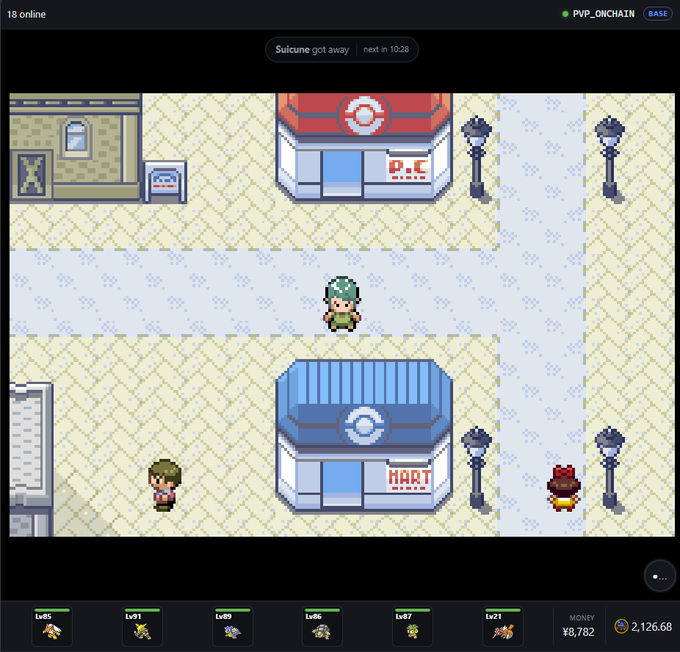 A Pokémon-style browser game interface showing a top-down pixel art town with a Poké Mart ("MART") and Pokémon Center, featuring character sprites and a party roster at the bottom displaying Pokémon levels (Lv85, Lv91, Lv89, Lv96, Lv87, Lv21) alongside money totals of ¥8,782 and 2,126.68. The image ties to the post by showcasing the playable Pokeworld experience where users can grow their party, battle others, and earn $POKE tokens, with "18 online" and "PVP_ONCHAIN" indicators visible at the top demonstrating the multiplayer blockchain gameplay.