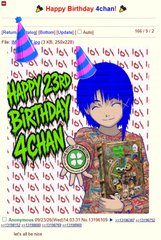 A YouTube thumbnail celebrating 'HAPPY 25TH BIRTHDAY 4CHAN!' with an anime-style character wearing party hats and Japanese text including 'ユーザー生誕祭'.