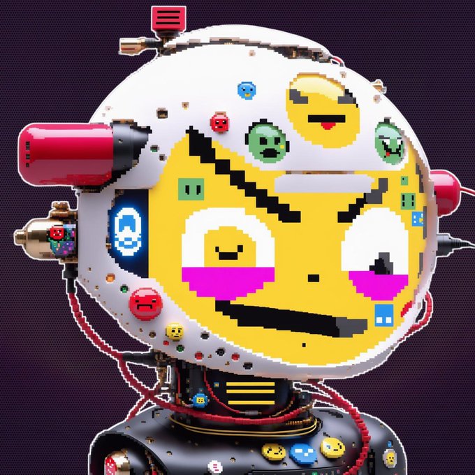 A pixel art illustration of a yellow smiley face encased in a robotic helmet adorned with various small emoji-like faces and mechanical components.